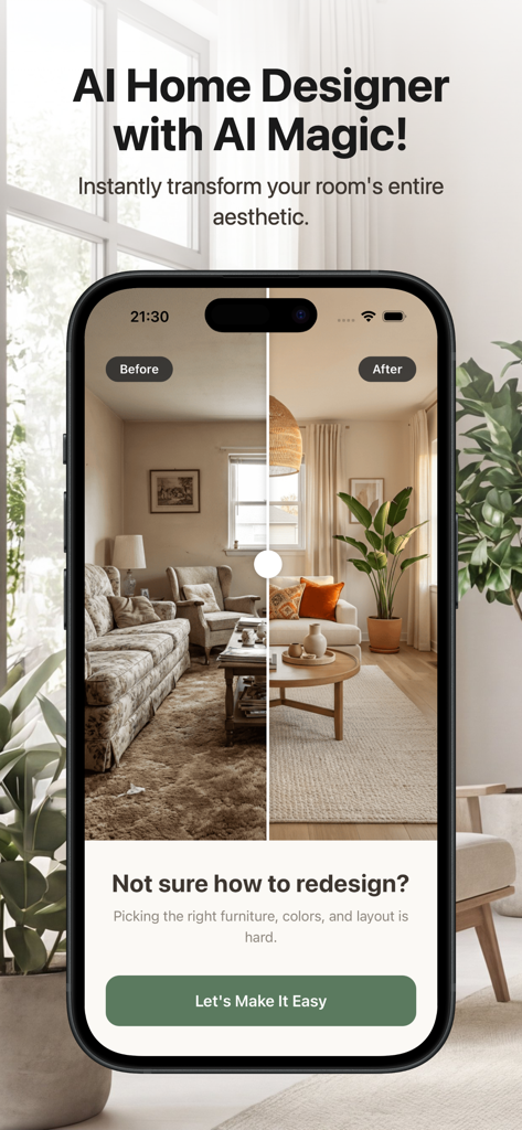 DecorHome AI app interface showing a before and after comparison of an AI-powered living room redesign