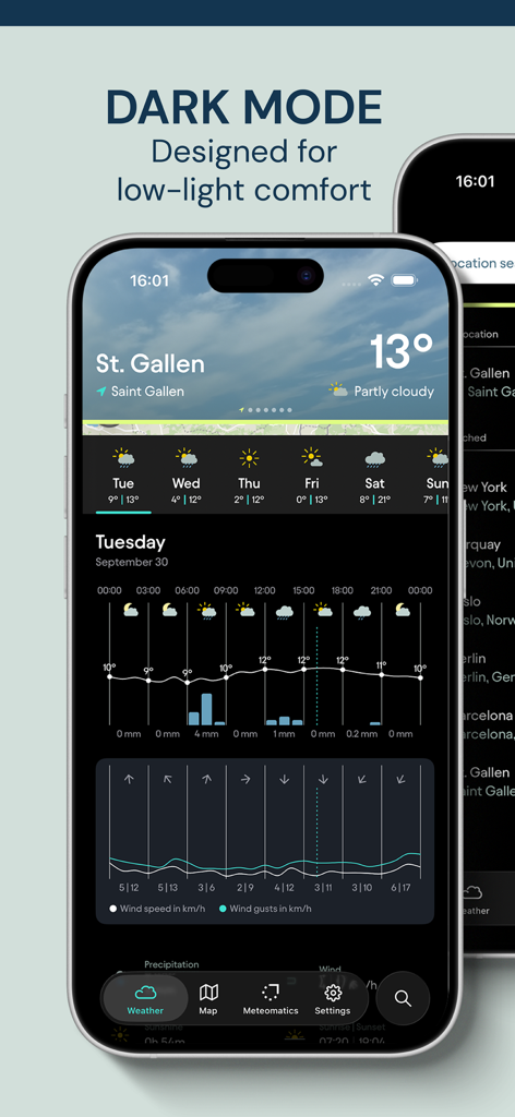 Meteomatics Weather App - Interfaccia dell'App Meteo Meteomatics in modalità scura che mostra previsioni meteorologiche dettagliate e grafici di dati