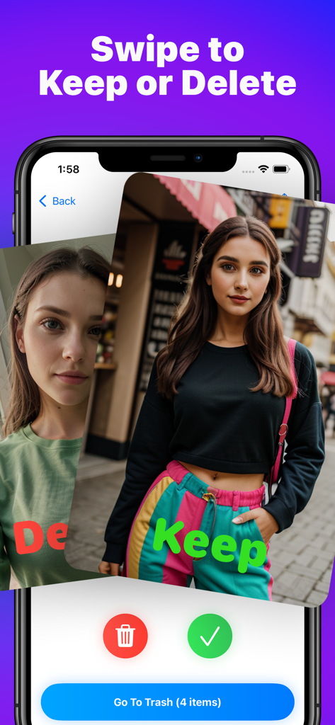 Phone Cleaner for iPhone, iPad - Interfaz de la aplicación Phone Cleaner mostrando la función de deslizar para guardar o eliminar fotos