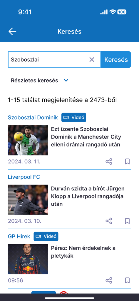 Origo Sport - Interface des résultats de recherche de l'application Origo Sport montrant des nouvelles sur Dominik Szoboszlai et Liverpool FC