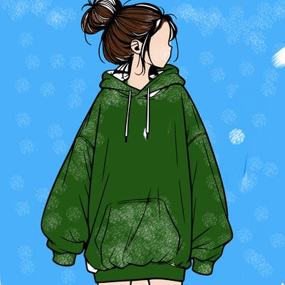 realistic girl with a oversized sweatshirt on and a bun