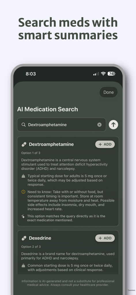 Pillr: ADHD Medication Tracker - Pillr app screen showing AI medication search and smart summaries for ADHD medications.