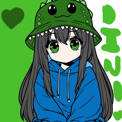 girl with anime shaped eyes with a dinosaur bucket hat oversized sweatshirt long straight hair