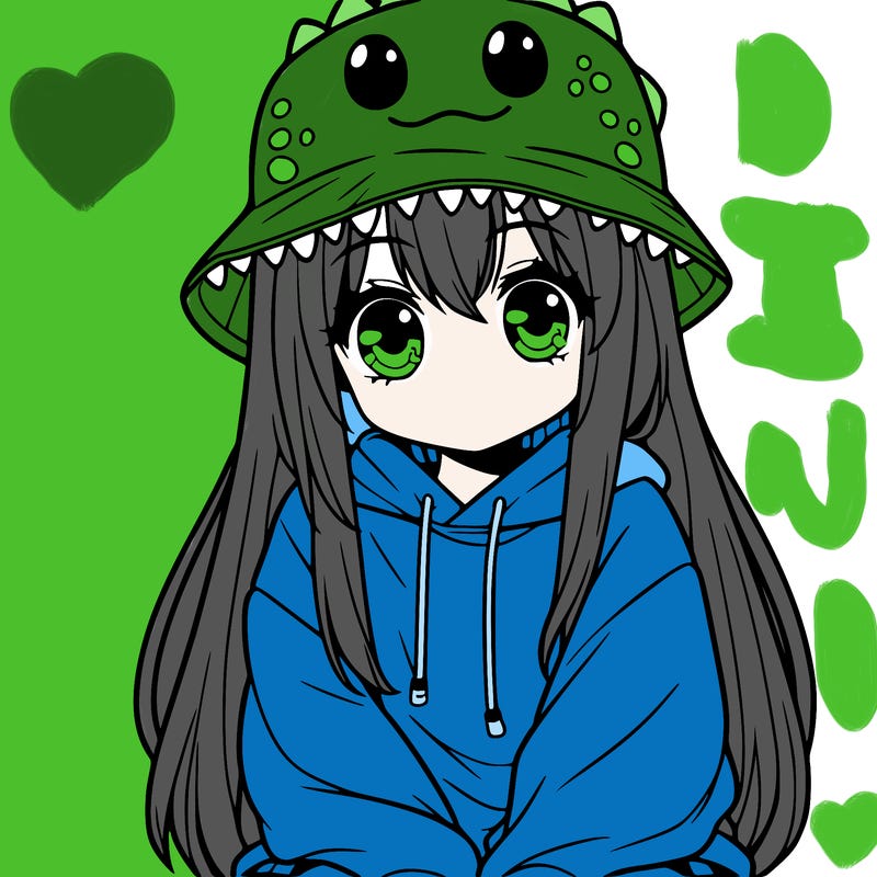 girl with anime shaped eyes with a dinosaur bucket hat oversized sweatshirt long straight hair