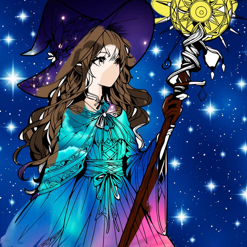 a realistic fantasy manga witch with a staff