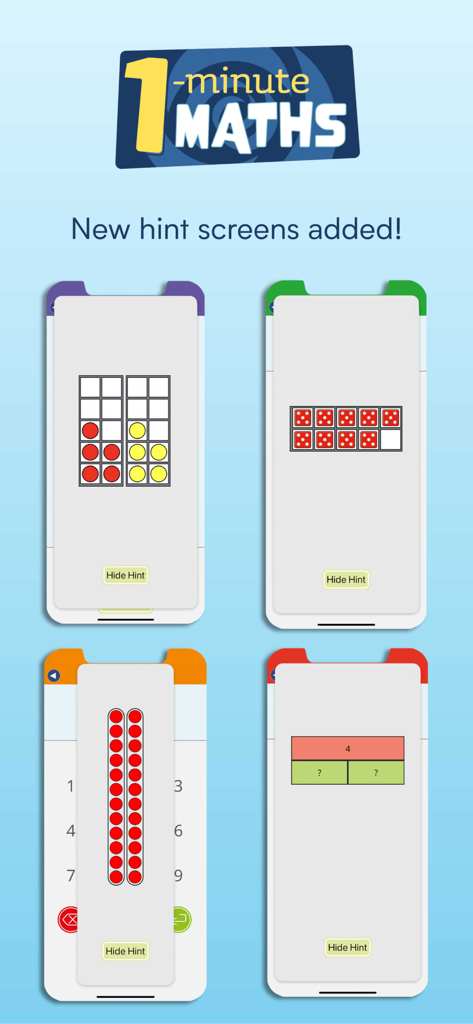 1-Minute Maths - 1-Minute Maths app showing visual hint screens with ten frames and counters to help children learn arithmetic.