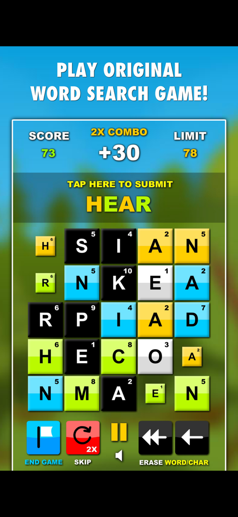 The Word Mania - The Word Mania gameplay screen showing a word search puzzle with colored letter tiles