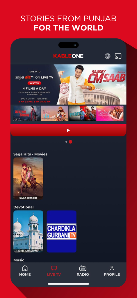 KableOne - Home of Punjabi OTT - KableOne app interface featuring Punjabi movies and devotional live TV