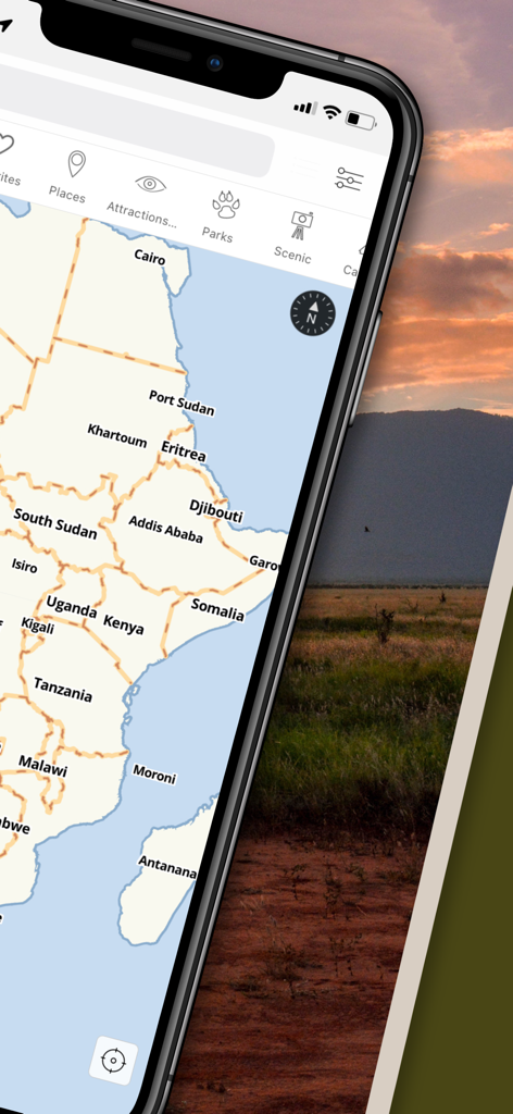 Tracks4Africa Guide - Ecrã de smartphone a mostrar a aplicação Tracks4Africa Guide com um mapa offline de África e categorias de viagem