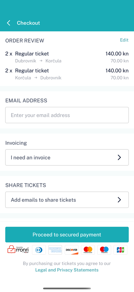 Page de paiement de l'application mobile TP Line montrant les détails des billets de ferry pour Dubrovnik et Korčula