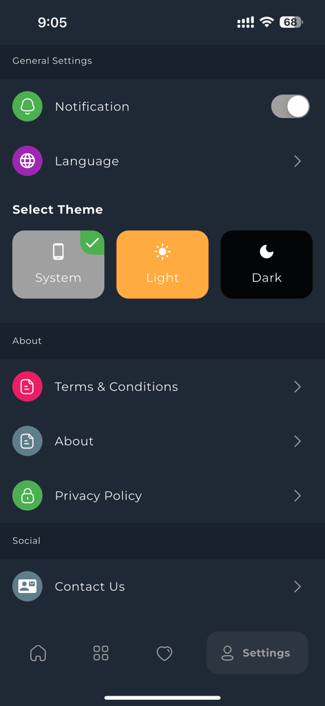 Hooligans.cz - Interfaz de configuración de la aplicación móvil Hooligans.cz que muestra opciones de tema y notificaciones.