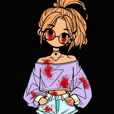 girl with a messy ponytail glasses a baggy crop top and jean shorts