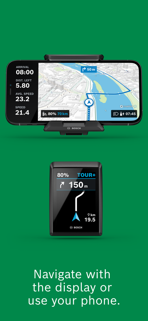 Bosch eBike Flow App Navigation auf Smartphone und Fahrrad-Display-Bildschirm