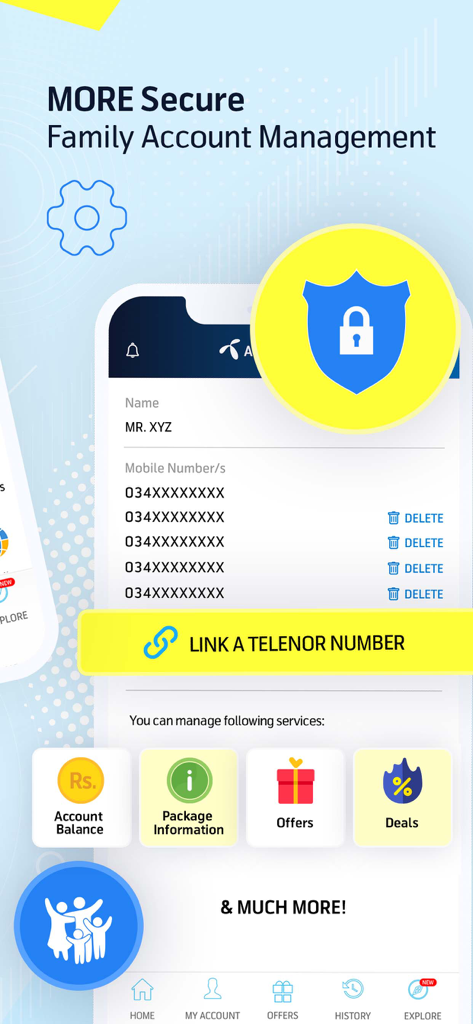 My Telenor - My Telenor app interface showing family account management with options to link and delete mobile numbers securely