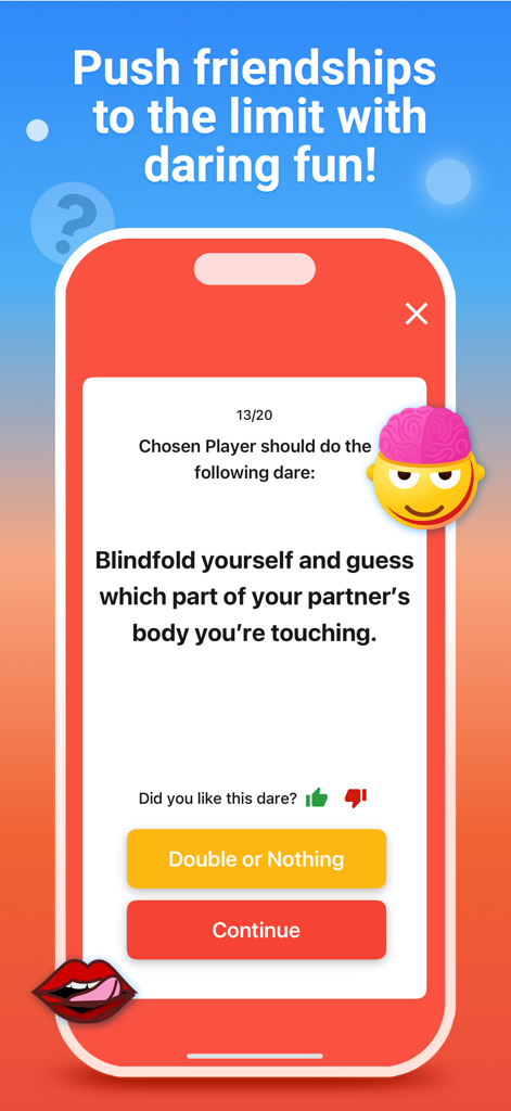 Truth or Dare - Chooser! - Captura de pantalla de la aplicación Verdad o Reto mostrando una interfaz de desafío picante con una indicación de antifaz