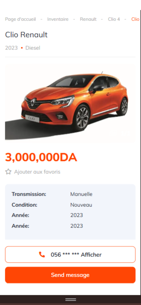 Seyara Zone - Mobile app screen showing a Renault Clio car listing with price in Algerian Dinars and vehicle specifications