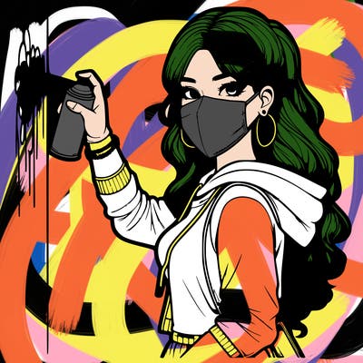 realistic girl with mask spray painting a wall