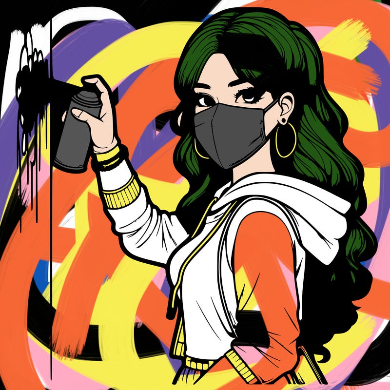 realistic girl with mask spray painting a wall