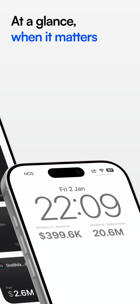 PulseKit - Widget di metriche aziendali PulseKit visualizzati sulla schermata di blocco di un iPhone che mostrano entrate e conteggi degli abbonati.