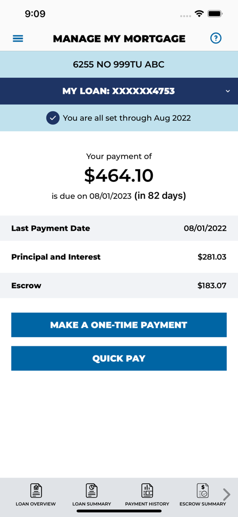 Carrington Mobile app screen displaying mortgage payment details and quick pay buttons.