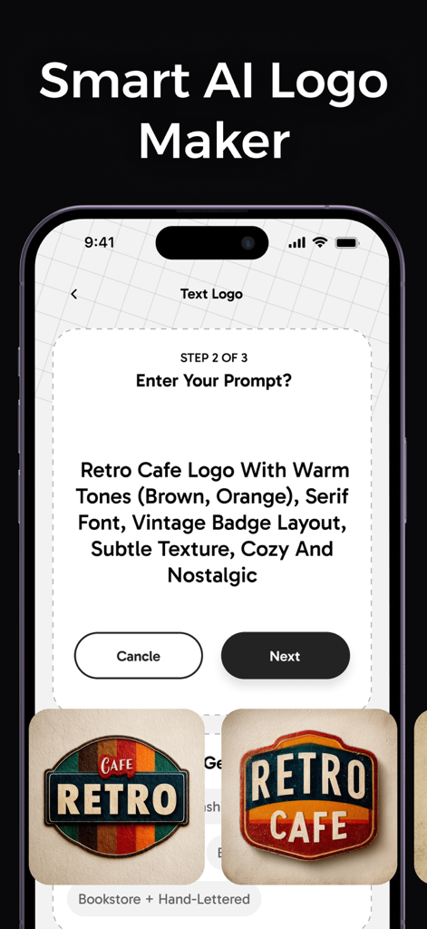 Logo Design: AI Logo Maker - Interfaz de Smart AI Logo Maker que muestra un prompt de texto para un logo de cafetería retro y ejemplos de diseño vintage