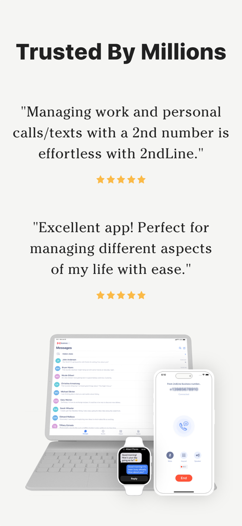 2nd Line - Second phone number - Avis d'utilisateurs et compatibilité des appareils pour l'application de numéro de téléphone secondaire 2e Ligne sur iPhone, iPad et Apple Watch.