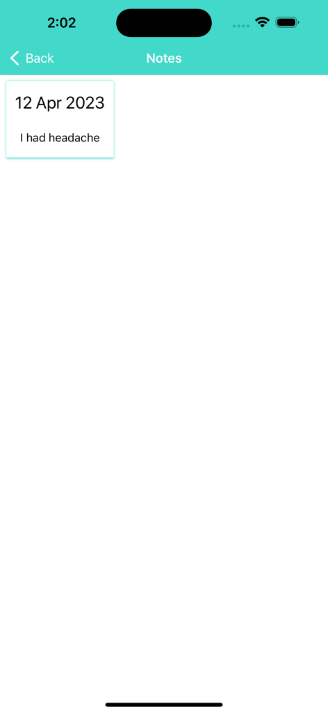 Birth Control Pill Reminder + - Notes section of the birth control pill reminder app displaying a recorded side effect