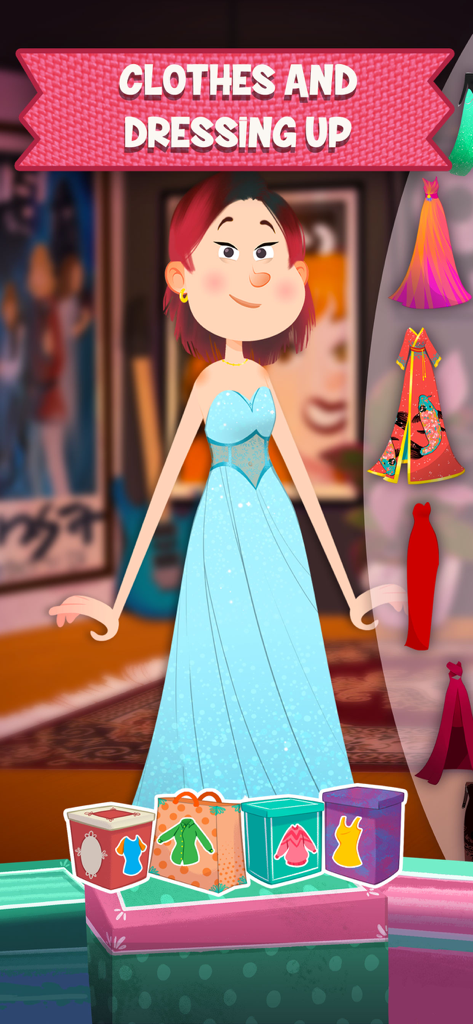 Una niña con un largo vestido azul en la sección de ropa y vestimenta del juego de salón de peluquería.