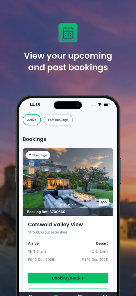 Interfaccia dell'app mobile che visualizza i dettagli delle prenotazioni di cottage imminenti e passate