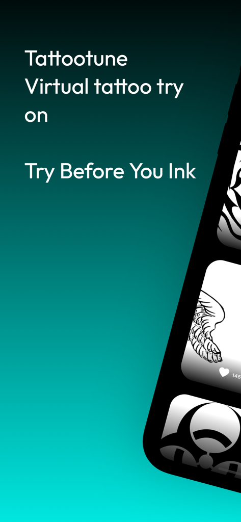 TattooTune App-Bildschirm mit Text zur virtuellen Tattoo-Anprobe und einer Galerie von Tattoo-Designs.