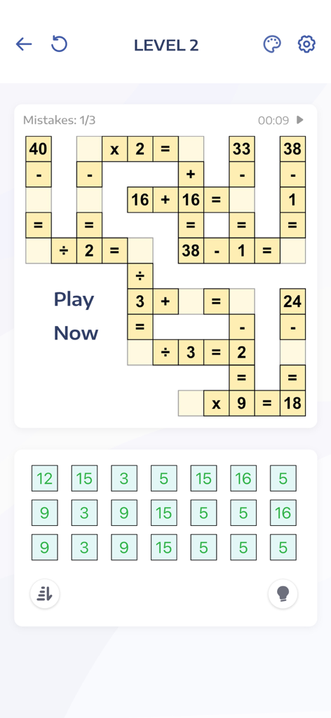 Crossmath gameplay screen showing a mathematical crossword puzzle with numbers and operations.