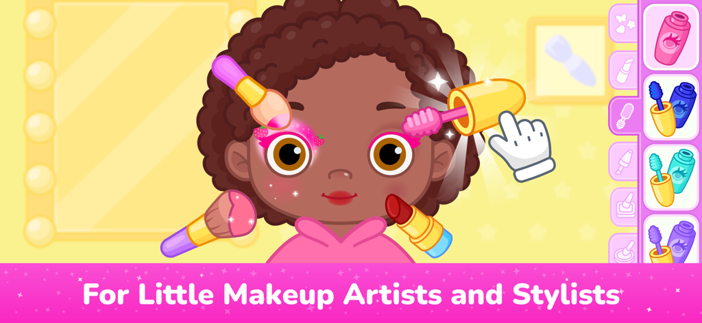 A cartoon girl character with digital makeup tools like brushes and mascara in a kids beauty salon game