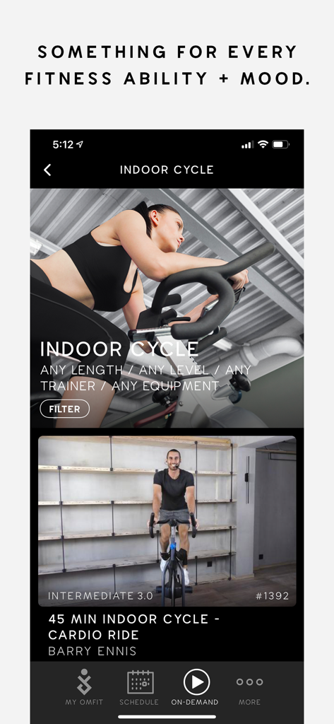 OMFIT - 1,000+ Fast Workouts - OMFIT app screen showing indoor cycling workout options and on-demand classes