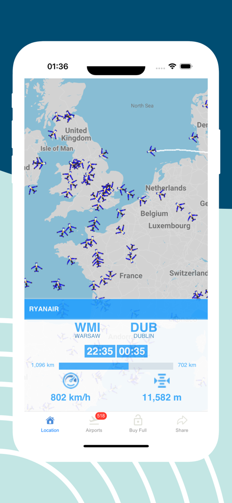 Aplicación Ryanair Air Tracker que muestra un mapa de radar de vuelos en tiempo real de Europa y datos de vuelo específicos para una ruta de Varsovia a Dublín.