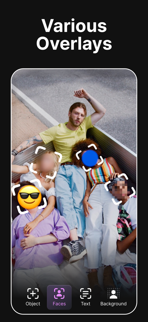 Une photo de groupe montrant différents superpositions de censure de visage comme le flou, la pixellisation et les emojis.