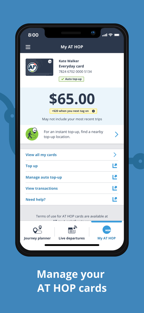AT Mobile - Écran de l'application AT Mobile affichant le solde de la carte AT HOP et les options de gestion