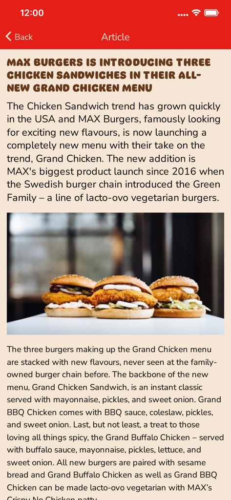 HiMAX - Screenshot of the HiMAX app displaying a news article about the MAX Burgers Grand Chicken menu launch