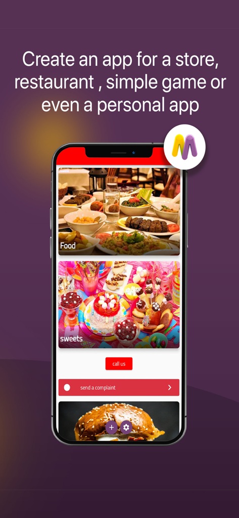MobEasy - Smartphone screen showing the MobEasy interface for building a restaurant or store app without coding