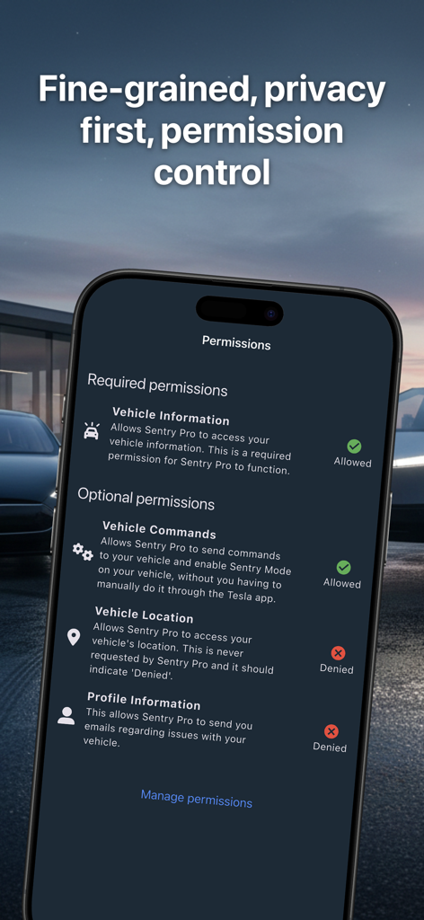 Sentry Pro—For your Tesla - Sentry Pro app permission settings for Tesla vehicle security and privacy