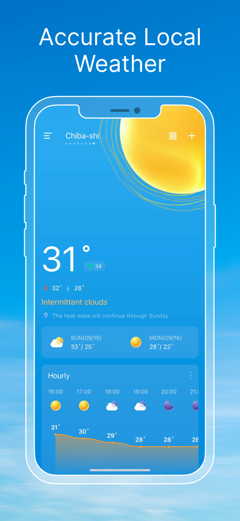 Weather Live & Local Forecast - Interface do aplicativo Clima Ao Vivo e Previsão Local mostrando um dia ensolarado com temperatura atual e previsão horária