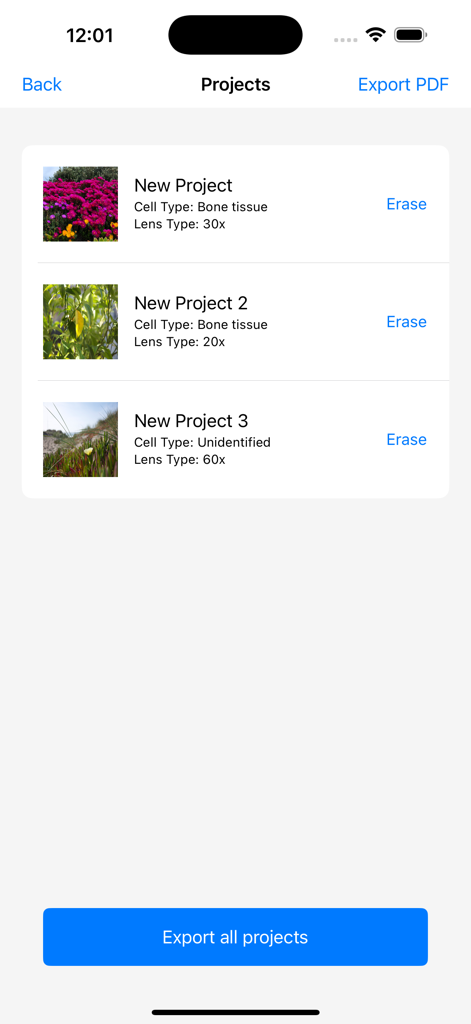 Virtual Cell Profiler App-Bildschirm mit einer Liste von Mikroskopbild-Projekten mit Metadaten und Exportoptionen.
