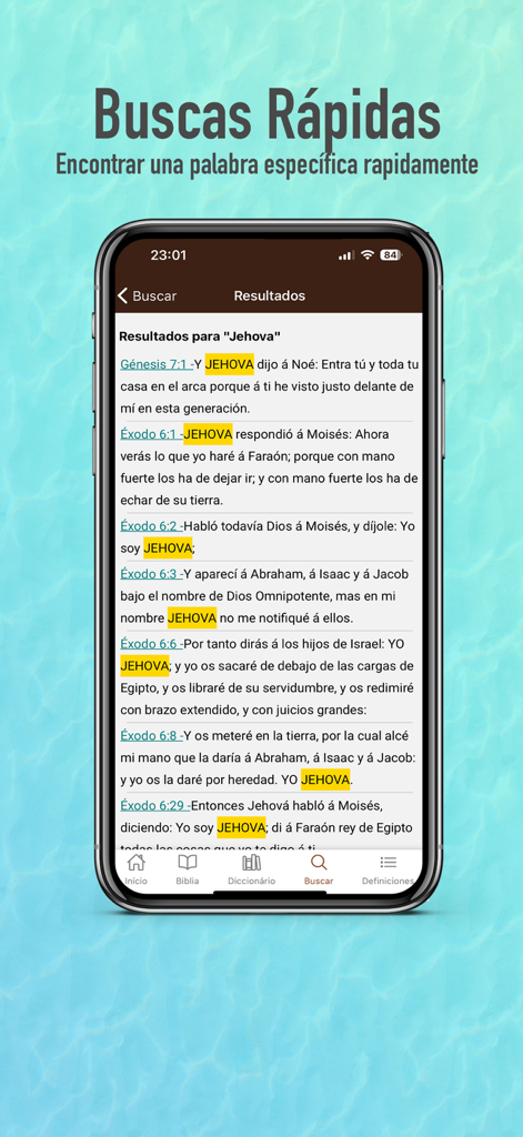 Biblia Reina Valera 1909 - Fonctionnalité de recherche rapide dans l'application biblique espagnole montrant les versets surlignés pour le mot Jehova