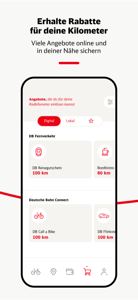 DB Rad+ mobile app screen displaying cycling rewards including travel vouchers and bike sharing discounts