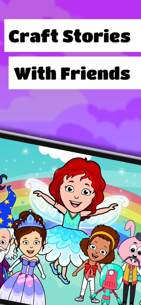 Cartoon characters including a fairy and a princess under a rainbow in Tizi City.