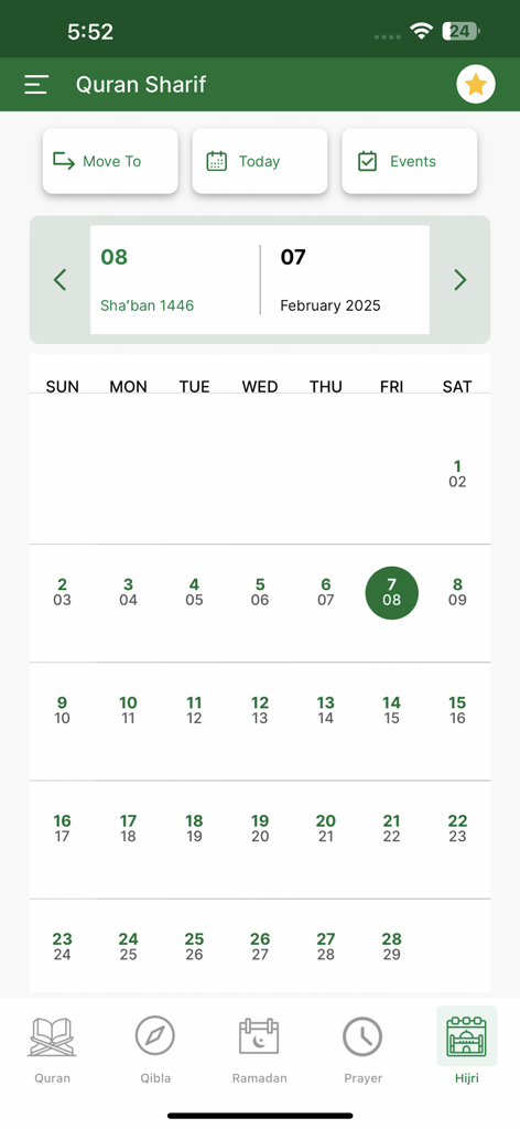 Full Quran Sharif Offline App - Hijri and Gregorian calendar view within the Full Quran Sharif app