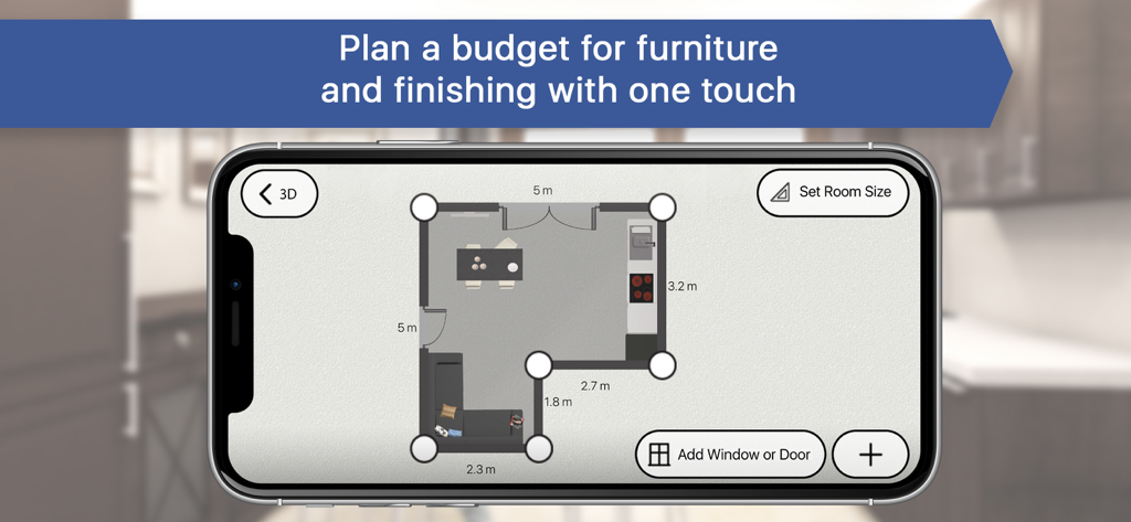 Kitchen Design PRO mobile app interface showing a 2D room floor plan with measurements and furniture.