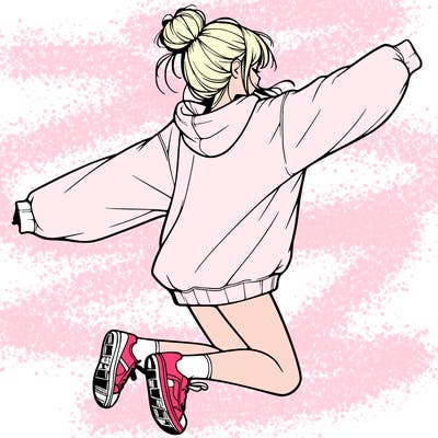 realistic girl jumping with a bun and oversized sweatshirt