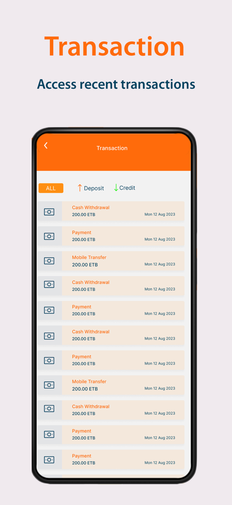 Wegagen Mobile - Wegagen Mobile app transaction history screen showing recent banking activities