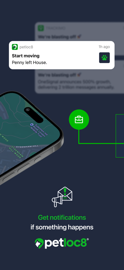 Petloc8 - Smartphone-Benachrichtigung von der Petloc8-App, die warnt, dass ein Haustier seine ausgewiesene sichere Zone verlassen hat.