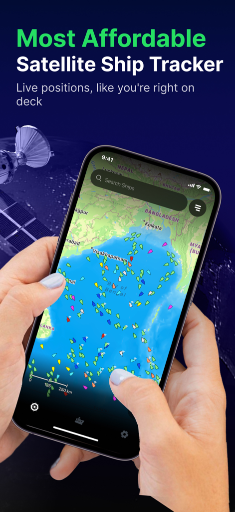 MarineRadar・Vessel Finder - Real-time satellite ship tracker showing vessel positions on a map